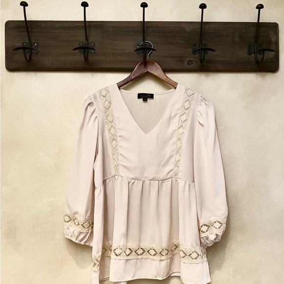 🪶3/$35 Ivory Lace Embroidered Babydoll 3/4 Sleeve SUZANNE BETRO Linen Blouse-S - Picture 2 of 16